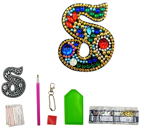 MEDOYOH Buchstaben S DIY Diamant Malerei Schlüsselanhänger, Retro Diamond Painting Buchstabe Schlüsselanhänger Acryl DIY Kunst Strass Diamant für Anhänger Tasche Dekor Brosche
