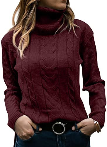 GeGekoko Pullover Damen Rollkragenshirt Cable Knit Elegant Langarm Tops Lose Grobstrick Casual Weich Jumper Sweater,Wein,M