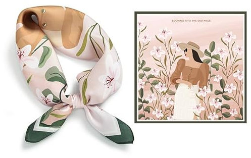 GIMIRO Schal aus imitierter Seide [53 x 53cm] Quadratische Schals Seidiger Damen Halstuch Blumenmuster mit Illustration Rosa-Braun-Grün Inspirierender Spruch (Khaki- Flowers around Girl)