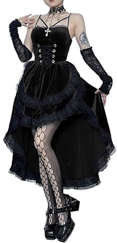Goth Gothic Hi Low Swing Cocktail Party Dress Women's Vintage Goth Lace Smocked Elastic Waist Pleated Flowy Bodycon Dresses