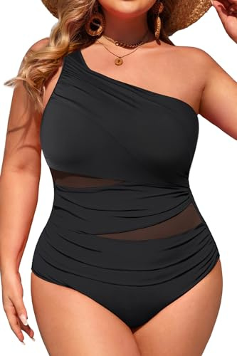 Aqua Eve Plus Size One Piece Swimsuit for Women Tummy Control Bathing Suits One Shoulder Swimwear | Abnehmbarer und verstellbarer Riemen, abnehmbare Pads, flacher Mittelteil über Netzgewebe vorne, drapiert diagonale Falten
