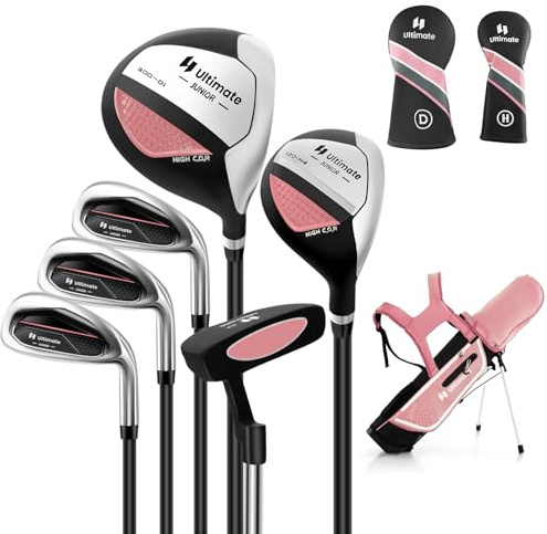 Tangkula 7 Pieces Junior Golf Club Set for Kids Age 11-13 Right Hand, Children’s Golf Clubs Set with #1 Driver & #4 Hybrid & #7/#9/#S Irons & Putter, Head Covers, Golf Stand Bag with Rain Hood