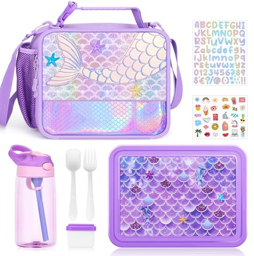 JYPS 3PCS Fiambrera Set para Niños, Bolsa Termica Porta Alimentos para Infantil, Loncheras Para Niños und botella agua,Bento Box Niñas para Almuerzo o Merienda,Bolsa Almuerzo para Escuela (Sirena)