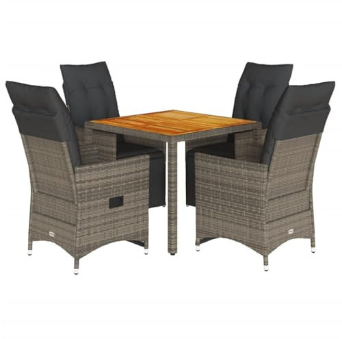 vidaXL Garten Bistroset 5-TLG., Balkonset mit Kissen, Gartenmöbel Tisch 4 Verstellbare Stühle, Balkonmöbel Sitzgruppe Gartengarnitur, Grau Poly Rattan