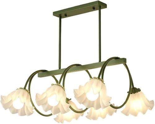 Chandeliers Ceiling Light,Modern Floral Pendant Light 6-Light White Glass Tulip Shades Dining Room Hanging Lamp Adjustable for Bedroom Kitchen Island Living Room (Green)