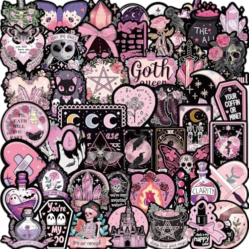 50Pcs Cool Goth Stickers Laptop Car Scrapbook Phone Skateboard Suitcase Luggage Bike Black Pink Gothic Vinyl Waterproof Aesthetic Personalised Stickers for Teens Boys Girls Adults
