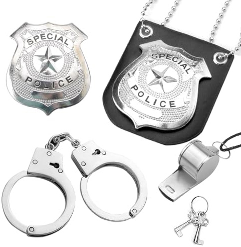 4-teiliges Profi Handschellen-Set aus echtem Stahl - Polizei-Set mit Abzeichen, Schlüssel und Pfeife für Halloween Party und Rollenspiel