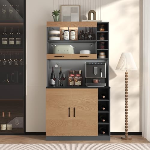 Moimhear 100 x 47 x 187 cm, armario de cocina, buffet con iluminación LED ambiental y agujeros para cables, tabla de cocina de madera, estantes laterales ajustables en altura (gris + color madera)