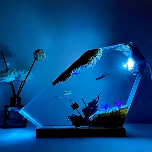 Drawelry Ocean Creative Epoxy Resin Wood Light Lamp, Handmade Multi Color Deep Sea Diver Cave Diving Enthusiasts Led Night Light, Aquatic Ocean Lamp Birthday Desktop Decor Gift (Mermaid)