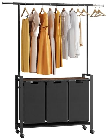 OPULENTHOME Wäschekorb, Wäschesammler 3 Fächer, mit Ablage und Rollen, 3x 49 L, Ausziehbarer & Abnehmbarer Wäschesack, Metallrahmen, 95x33x176cm, Schwarz