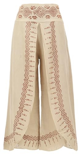 GURU SHOP Palazzohose, Hosenrock, Bedruckte Natürliche Boho Schlaghose, Sommerhose - Hellbeige, Damen, Size:L