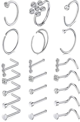 LOCCY 21-30 Stück 20G Nasenpiercing, 316L Edelstahl Nasenring Nasenstecker Silber/Gold Screw/Straight/L-Form Nasenpiercing mit Zirkonia Nostril Piercing Schmuck für Frauen Männer (Silver 2-21 Stück)