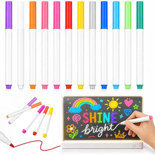 jojofuny 12 Neon Marker für LED Schreibtafel und Maltafel für Kinder | LED Zeichenbrett Stifte, abwischbar; passend zu Zeichentafel, Notiztafel mit Farben, Acryl, Glas und Whiteboard