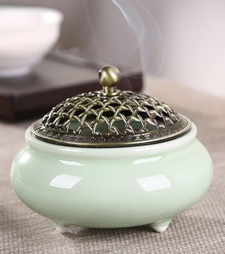 Keramik Räuchergefäß Vintage Weihrauchbrenner mit Metall Deckel und Feuerfeste Räucherstäbchenhalter Halter Rund Chinesisch Porzellan Räucherschale für Home Meditationsraum Wohnzimmer Office Deko