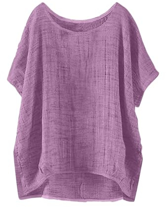 Musselin Leinen Bluse Damen Kurzarm Sommerbluse Mode Oversized Elegant V-Ausschnitt Tshirts GroßE GrößEn Leichte Hawaii Hemd LäSsige Basic Baggy Bluse Top (AC-Purple, XXXXXL)