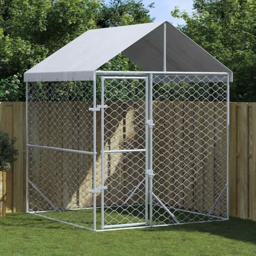 Hundezwinger Outdoor mit Wasserdichtes Dach, Hundehütte für mittelgroße bis große Hunde, Robust, langlebig, 200 x 200 x 250 cm Silbern Verzinkter Stahl