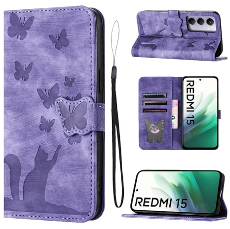 LSPCASA Fodral med Xiaomi Redmi 15 4G 6,72 tum Premium PU-läder Flip Skyddshölje med Kortfack och Stativfunktion Fodral Plånbok med Xiaomi Redmi 15 4G Lila