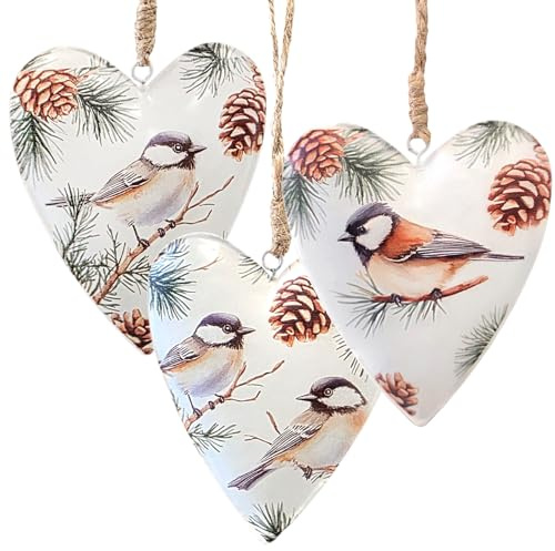 Metallherzen Vögel mit Zweigen 3er Set 11 x 9 cm – Winterliche Deko zum Aufhängen – Weihnachtsdeko Fensterdeko – Logbuch-Verlag