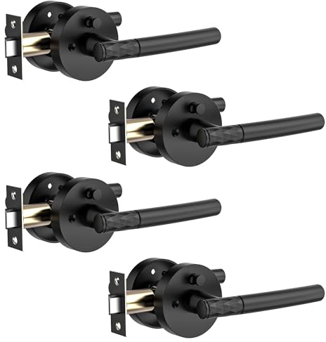 Zylaria 4 Pack Matte Black Privacy Door Handle - Keyless Entry, Heavy Duty Zinc Alloy Lever for Bedroom/Bathroom