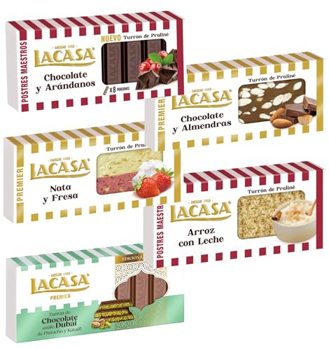 Pack Surtido 5 Turrones Lacasa:Cacao y Almendras, Arroz con Leche, Chocolate y Arándanos, Nata y Fresa, Chocolate estilo Dubai con Pistacho y Kataifi