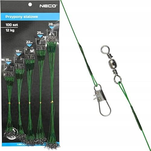 NECO Stahlvorfach Set für Hecht – 100 Stück in Grün – Raubfisch Vorfächer mit Wirbel & Snap – 5 Längen (15–28 cm) – Stahl Leader Set für Zander & Co.