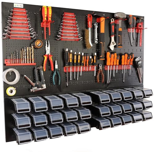 botle Panneau à outils mural perforé en métal, boîtes empilables + étagère murale + porte-outils, lot de 47 pièces, pour petites pièces, atelier mural avec 20 récipients empilables, étagère suspendue