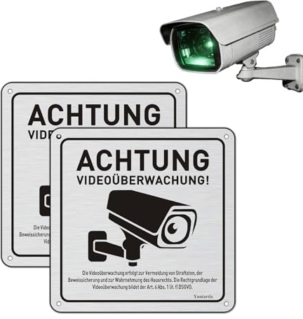 2 Stück 10X10Cm Aluminium Überwachungsschild mit Gebürsteter Optik Schild Videoüberwachung Kameraüberwachung Schild für Privatgrundstück und Außenbereich (Schwarz)