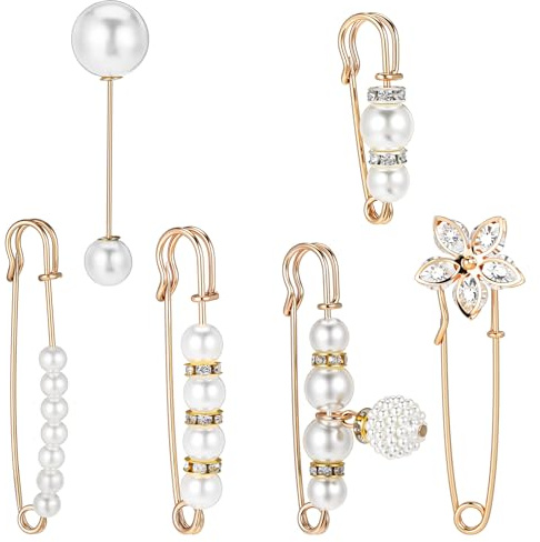 Sorcristy 6 Stück Perlen Sicherheitsnadeln Brosche Gold Damen Strass Broschennadeln Dekorative Sicherheitsnadeln Hosenbund-Spanner Schal Clips Perlenbrosche für Kleidung Pullover Rock Anzughosen