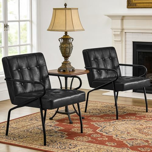 Hellove Loungesessel Wohnzimmer mit Metallbeinen, 2er Set Ohrensessel Vintage PU Leder, Moderner Relaxsessel mit Gemütlicher, Bequemer Polsterstuhl Ledersessel Lesesessel für Schlafzimmer, Schwarz