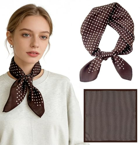 LAKJUOZ Braunes Halstuch Damen Satin, Nickituch Mit Weißen Punkten, Weiches Quadratisches Tuch In Seidenoptik, Elegantes Bandana Kopftuch Accessoire Für Damen, Modisches Geschenk Für Alltag & Reisen