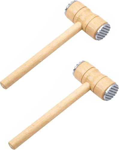 Neel Saanjh Wooden Meat Tenderizer Hammer, Dual-Sided, Ergonomic Wooden Handle, Easy to Clean and Maintain, Perfect for Preparing Schnitzel, Steak, Cutlets, Secure Grip, Multi-Purpose Use, (2 Pcs)