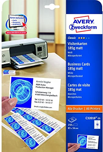 AVERY Zweckform C32010-25 Classic Visitenkarten, blanko (250 Stück, 185g, 85x54 mm, beidseitig bedruckbar, matt weiß, extra feine Mikroperforation, 25 Blatt) zum Selbstbedrucken auf allen Druckern