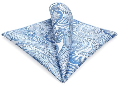 Shlax&Wing Azure Silver Paisley Mens Pocket Square Silk Wedding Business, Blue, L
