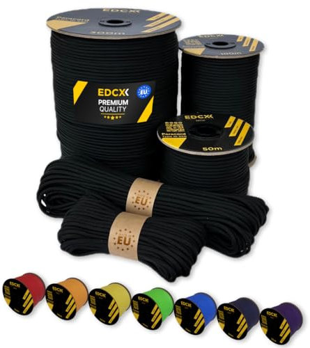 EdcX Paracord 4 mm, 35+ Volltonfarben (10 m, 15 m, 30 m, 50 m, 100 m, 300 m) | Ideal zum Basteln, Camping, Outdoor | 100% Nylonseil 4 mm| Paracord 550 Typ III (Black, 15 m)