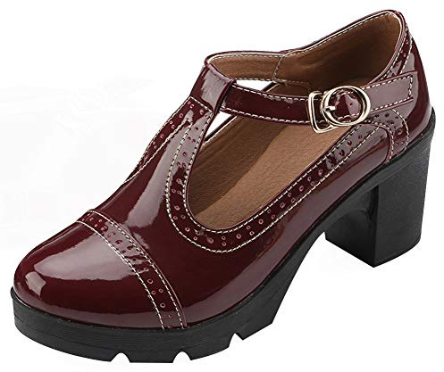 ANUFER Damen Mittlerer Blockabsatz T-Riemen Brogues Pumps Mary Janes Uniform Büro Abendschuhe Burgund SN020216 EU40