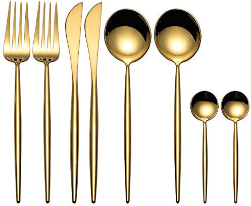 MORGIANA 8 Pieces Gold Flatware Sets,18/10 Stainless Steel Cutlery Set Glossy, Utensil Set, Dinnerware Set Golden Dinner Knife Spoons Forks Teaspoons, Service for 2 (Gold)