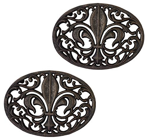 Lulu Decor,100% Cast Iron Oval Fleur de lis Trivet, Set of 2, for Hot Dishes or Pots, Beautiful Intricate Design Trivet, Ideal for Kitchen Table & Countertop Protection (Antique Brown Finish)