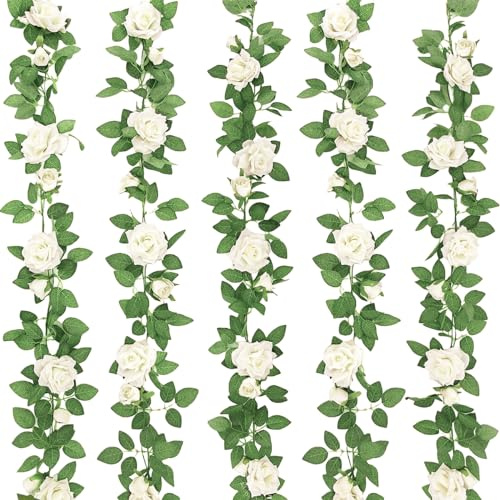 ZIFTY 5Pcs 32.5FT Artificial Rose Vine Fake Flower Garland White Fake Silk Floral Hanging for Wedding Arch, Garden Tea Party Backdrop Room Decor and Home Decoration Outdoor Wall Decor