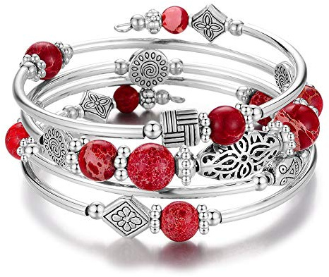 Bulinlin Damen Wickelarmband aus Natur Achat Stein Mehrschichtiges Perlen Silber Armkette Valentinstag Modeschmuck Geschenk