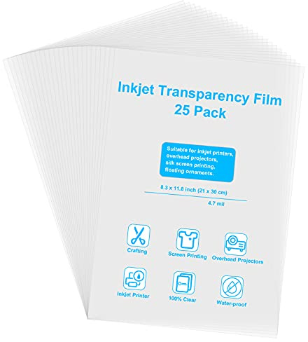 Winspeed Inkjet Transparency Film, Printable Clear Transparency Sheets, 25 Pack Overhead Projector Film Sheets for Screen Printing, (8.3 x 11.8 inch)