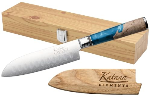 Katana Saya Elements 12 cm Santokumesser, Ozeanblau – VG-10-Damaststahl mit hohem Kohlenstoffgehalt für extreme Robustheit und Schärfe – Griff aus natürlichem Olivenholz und Harz