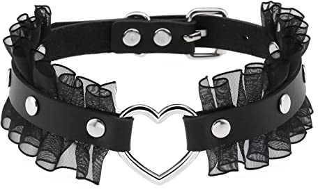 Flongo Damen Choker Spitze Halsband Leder Lace schwarz Pink Gothic Tattoo breit Kette Halskette Schmuck Herz O-Ring Lederhalsband Einstellbar für Mädchen Frauen Kinder Halloween Kostüm