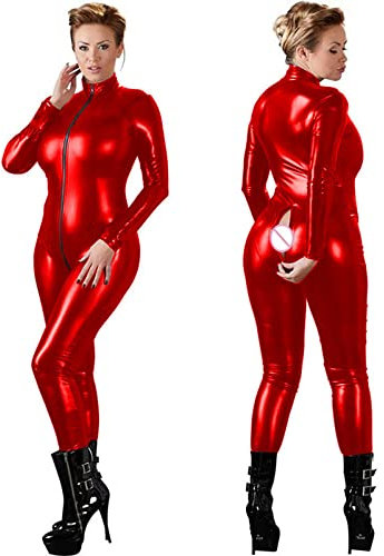 Body aus Kunstleder, langärmelig, Reißverschluss vorne, Poledance, Nachtclub, Rot, 6XL