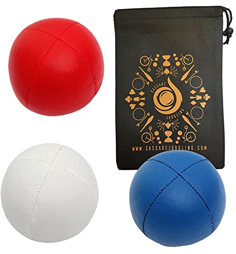 3 x Pro 76 g Cascade Mini Jonglierbälle – kleine Größe Qualität Thud Jonglierbälle & Tasche – Set mit 3 Jonglierbällen (rot, blau und weiß)