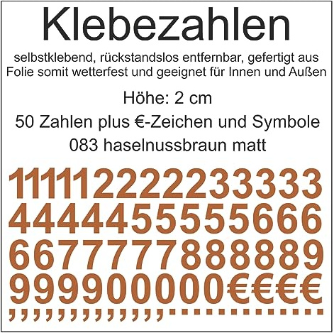 Aufkleber Sticker Klebezahlen Klebezahl Zahlen Zahl Nummern aus Folie 50 Zahlen braun haselnussbraun matt Höhe 2 cm selbstklebend wetterfest Nummerierung Preisauszeichnung Beschriftung Modellbau
