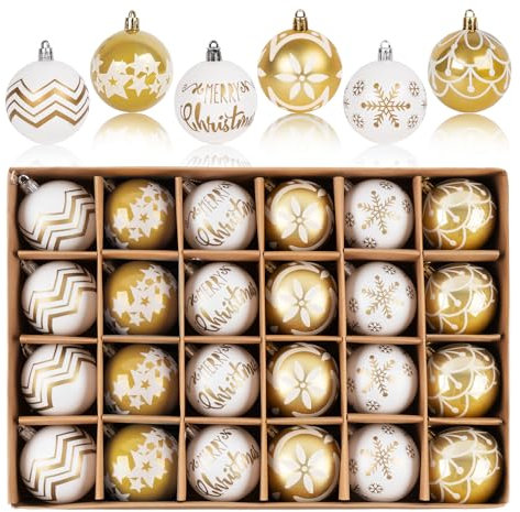 Weihnachtsbaumkugeln aus Kunststoff, 24Stück 6cm Weihnachtskugeln Baumschmuck Bruchsicher Gemalt Glänzend Glitzernd Matt Weihnachtsbaum Ornamente für Hochzeit Weihnachtsdekoration (Gold Weiß)