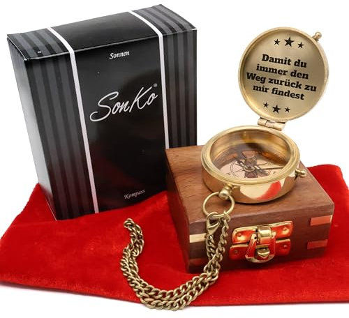 SonKo® Kompass mit Gravur Kompass personalisiert – Antik Optik nautischer funktionsfähige Maritime Deko aus Messing. Konfirmation Geschenk Kommunion (Mit Personalisierung)