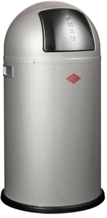 WESCO Pushboy Mülleimer in der Farbe silber, pulverbeschichtetes Stahlblech, 50 Liter Volumen, große Edelstahlklappe, herausnehmbarer Innenbehälter