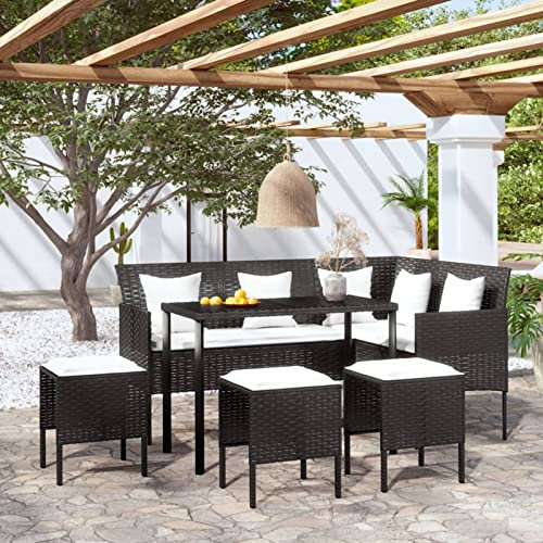 Sufrk 5-TLG. Sofagarnitur in L-Form mit Kissen Poly Rattan Schlafcouch Coutch Wohnzimmer Sofa Schwarz