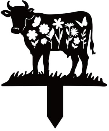 BEUNITONE Kuh Gartenstecker Aus Metall Dekorativ 8.6X 7.1 Schwarze Kuh Silhouette Statuen Gartendeko Für Draußen Süße Kuh Metallkunst Bauernhof Gartendeko Für Bauernhaus Hof Kunstornamente